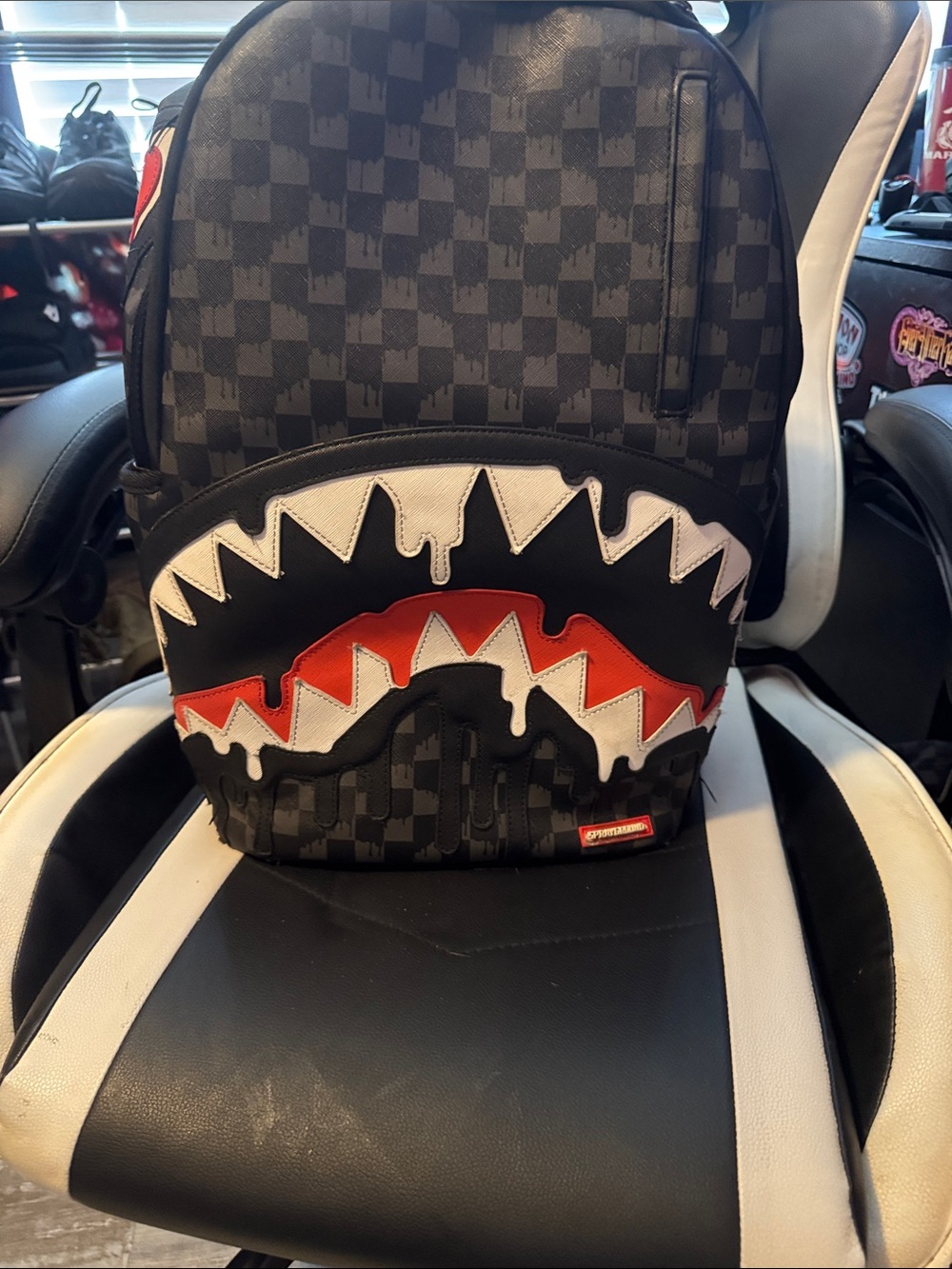 Sprayground Black Checkerboard Shark Mouth Kids Backpack with Red & White